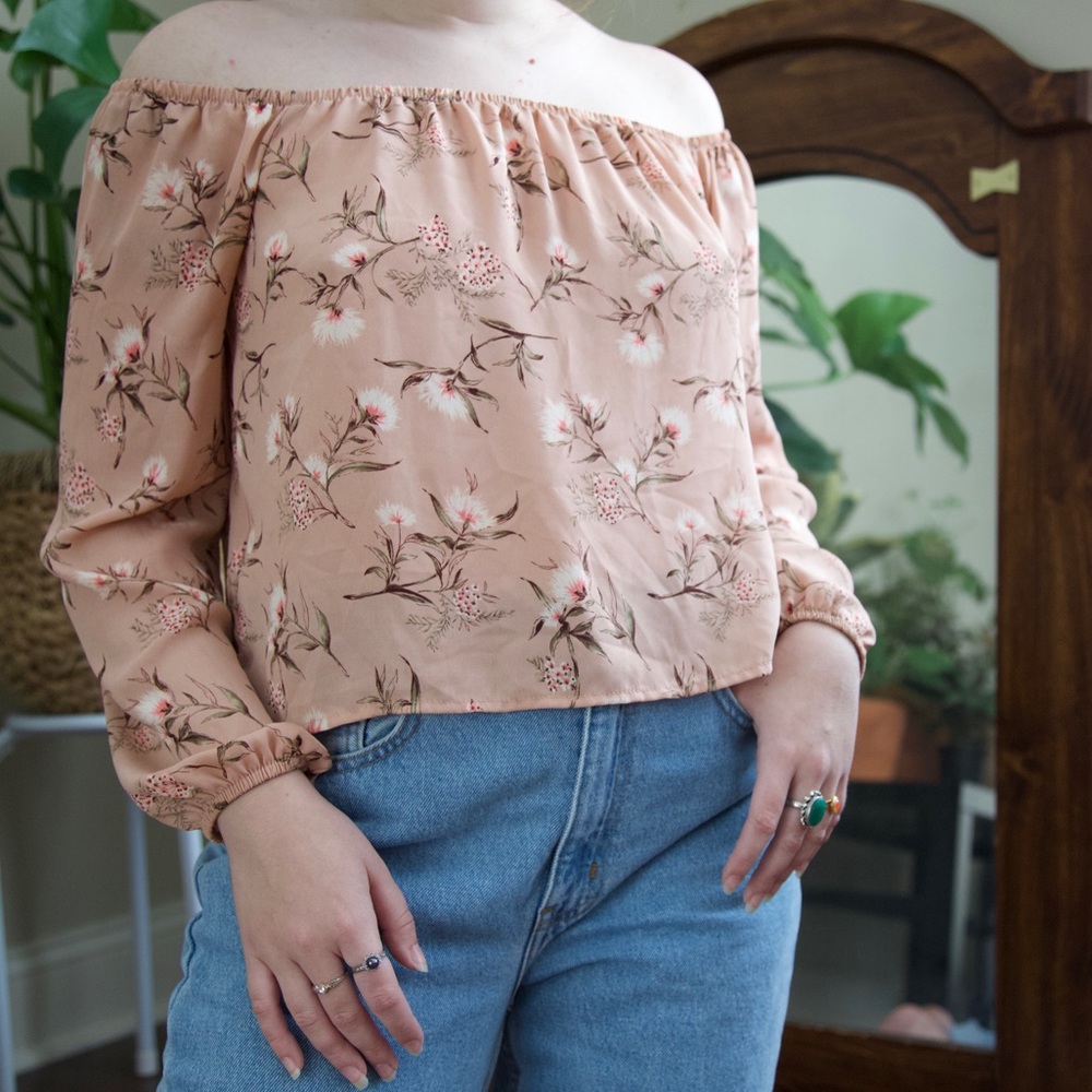 Light pink off the shoulder floral blouse